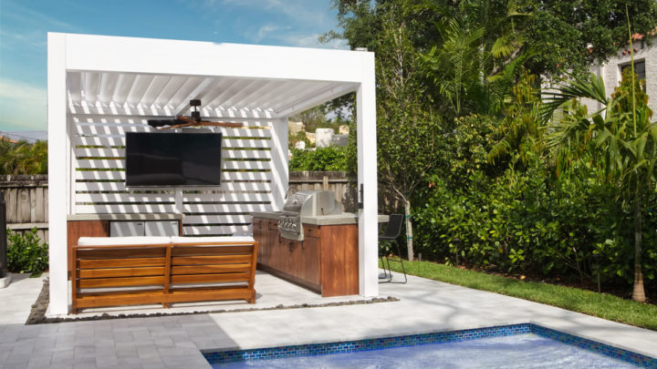 White pergola with TV