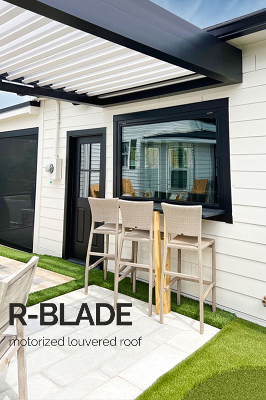 R-Blade black and white pergola - Azenco patio structure - Syzygy Official Dealer