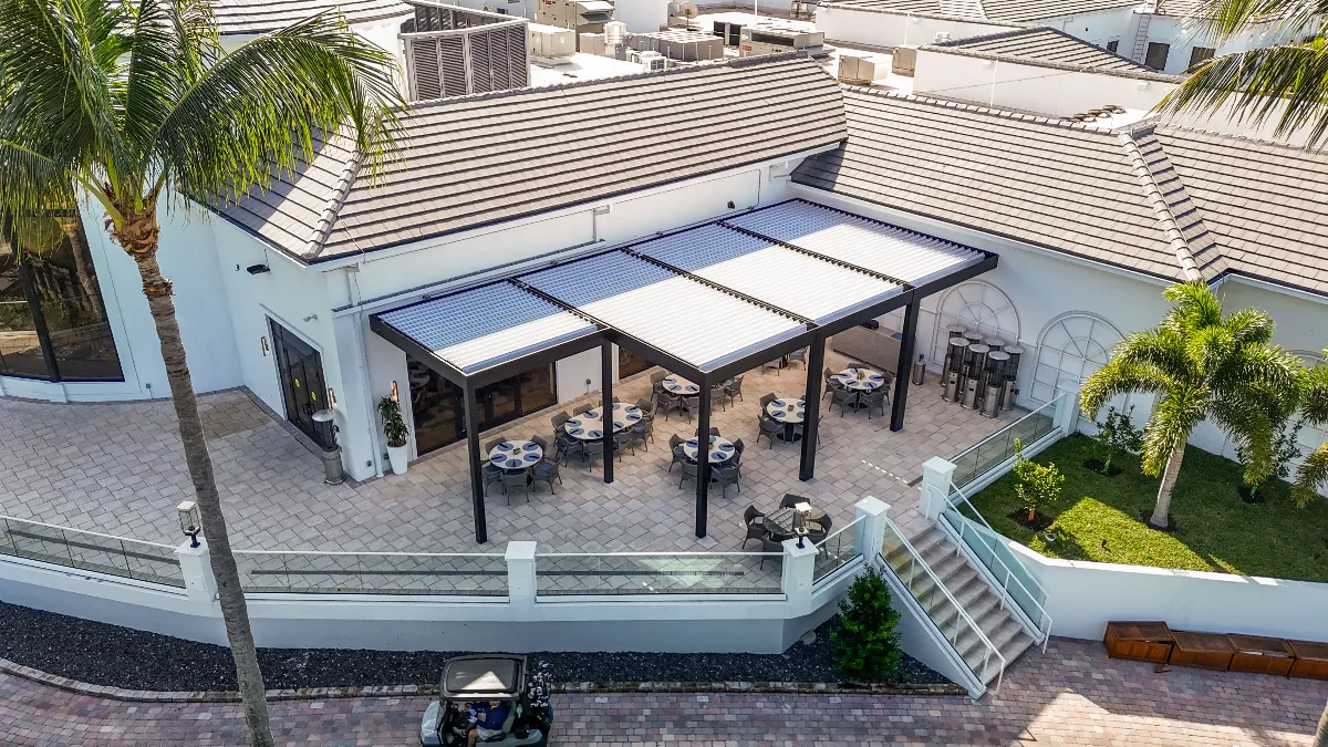 Aerial view of the award-winning Broken Sound Cirq project, featuring SYZYGY Global’s custom pergolas and shaded terraces.