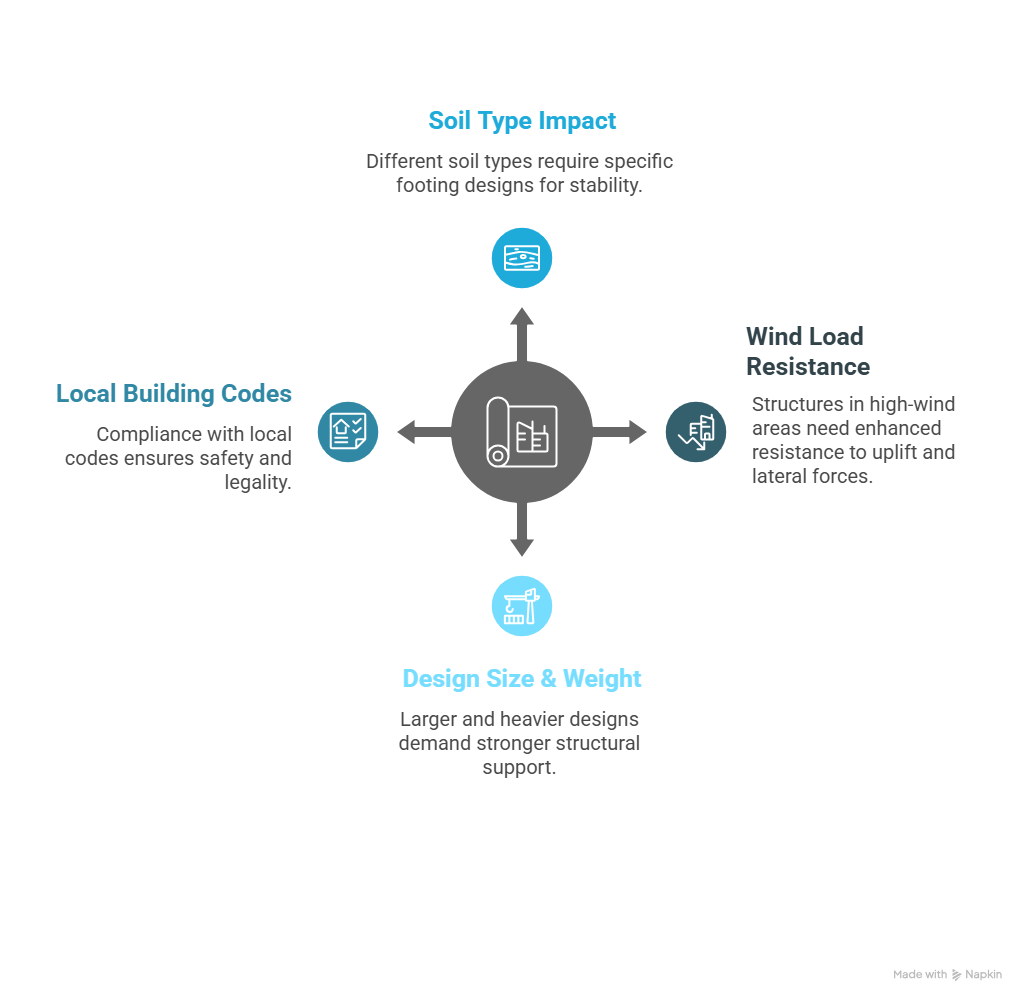 Infographic showing factors affecting pergola footing requirements: soil type, wind load, design weight, and building codes.