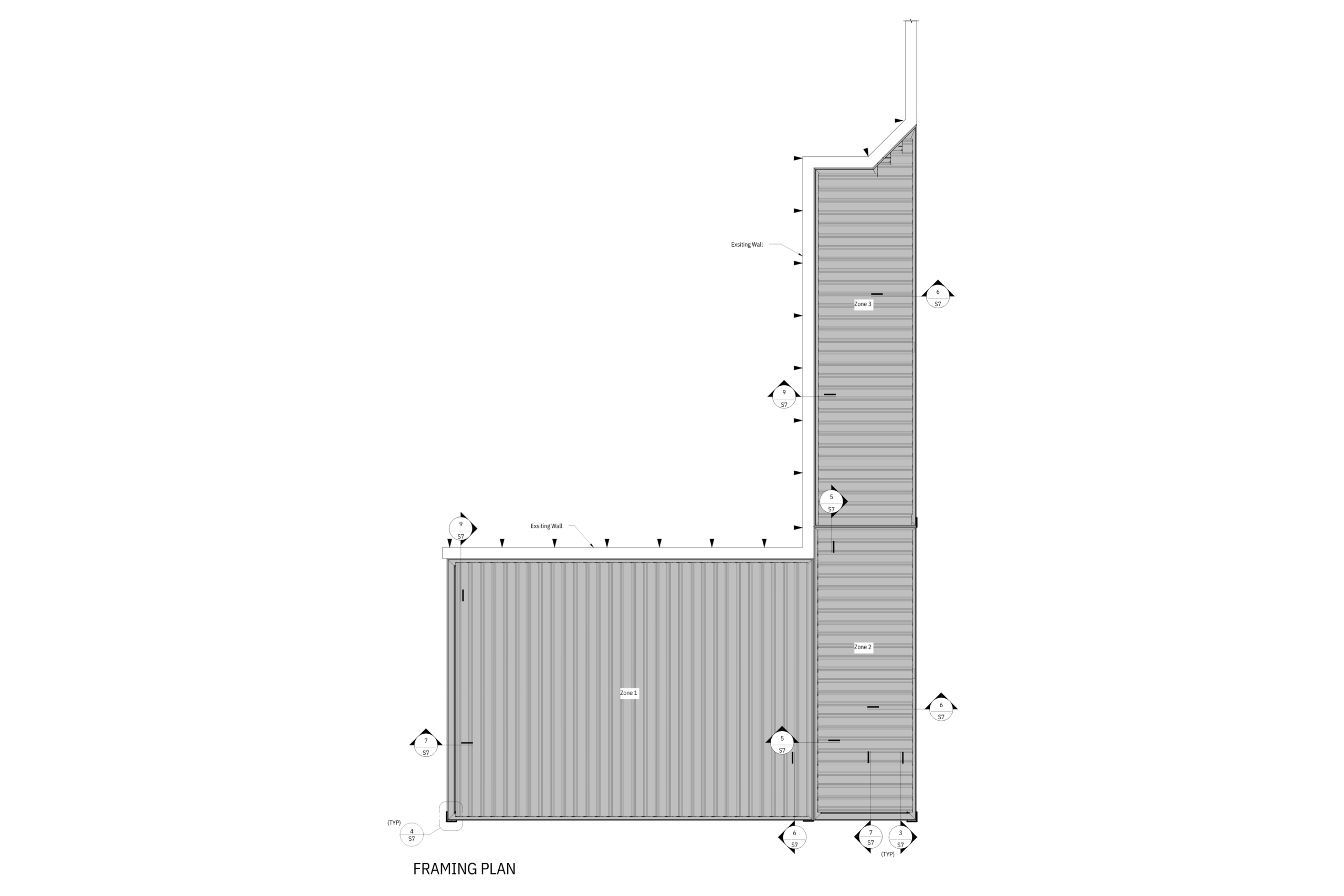 Framing plan diagram showing detailed pergola structure layout with labeled zones and existing wall locations.