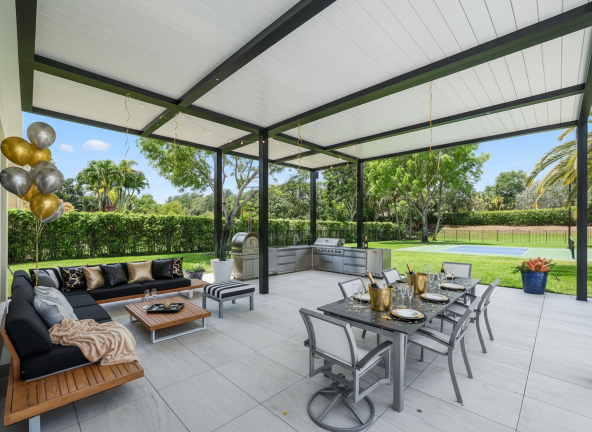 Cozy New Year’s gathering area under a modern pergola with blankets, champagne, and a metallic color scheme.