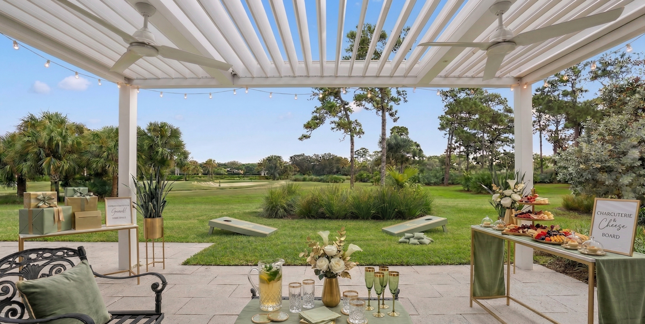 Covered patio graduation party setup with lawn games, charcuterie table, and open backyard view.