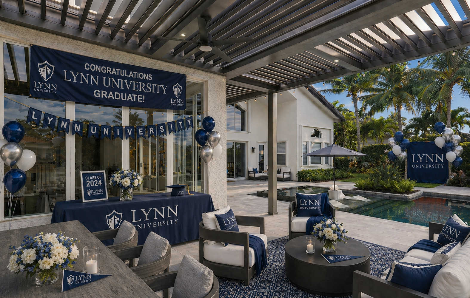 Luxury poolside graduation party under dark pergola with dining table, dessert station, and photo backdrop.