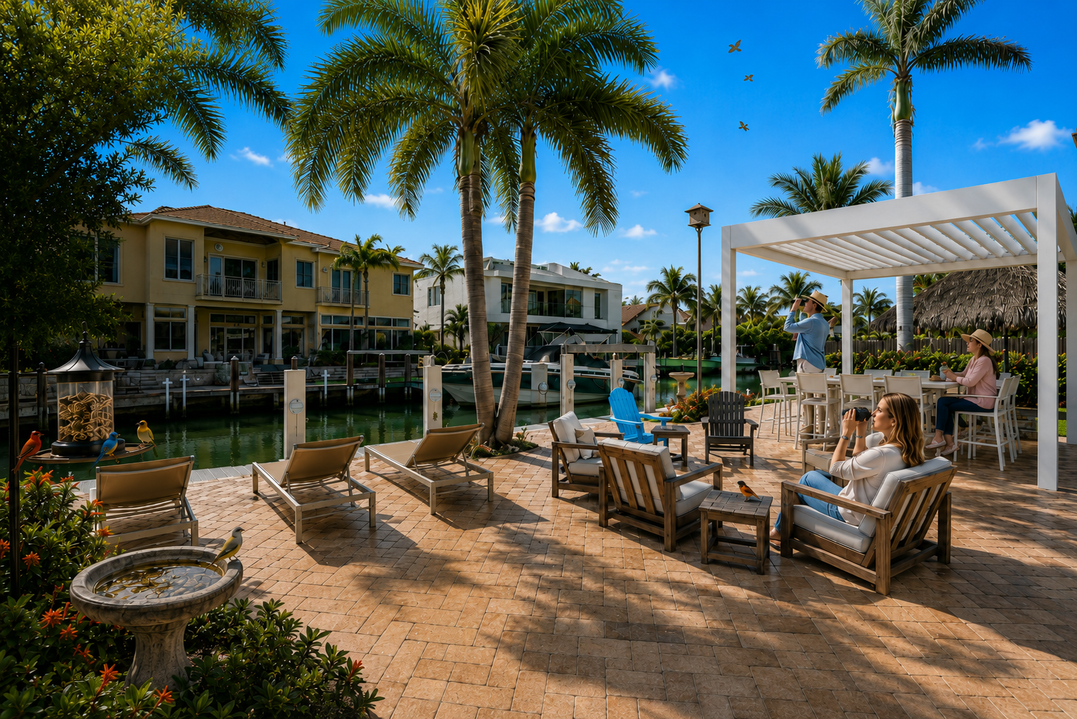 A Florida waterfront backyard patio with a white louvered pergola, birdbath, and bird feeders as residents observe local birds in a luxury outdoor living space.
