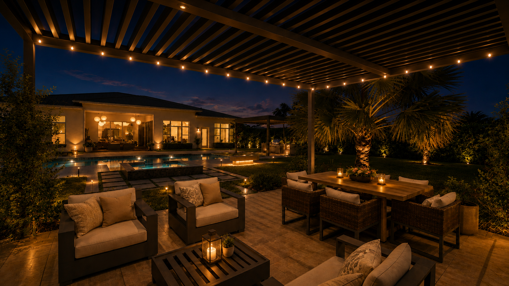Romantic outdoor pergola with candlelit dinner for two, warm landscape lighting, and pool at dusk.